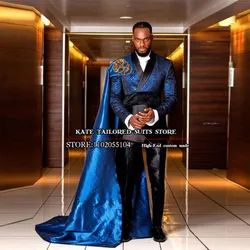 Jacquard Men Suit 2 Pieces Tailor-Made Navy/Black Splicing Blazer Sets With Belt Fashion Groom Wedding Business Party Tuxedo