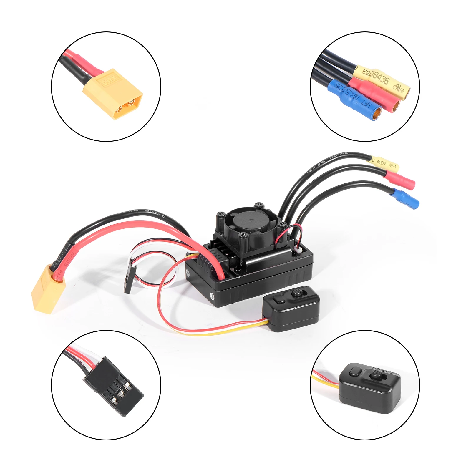 Détail des connecteurs et du dissipateur thermique de l'ESC Brushless 60A 2-3S avec BEC intégré pour voiture RC 1/10.