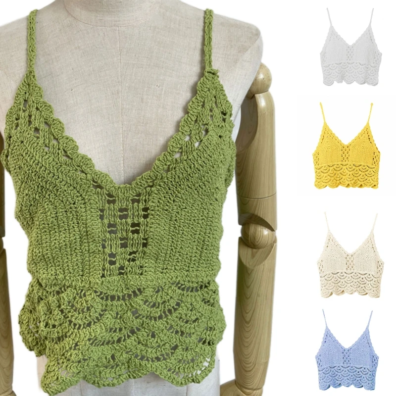 

Women Boho Crochet Camisole Sexy Deep V-Neck Hollow Out Knitted Multicolor Crop Top Beachwear Cover Up