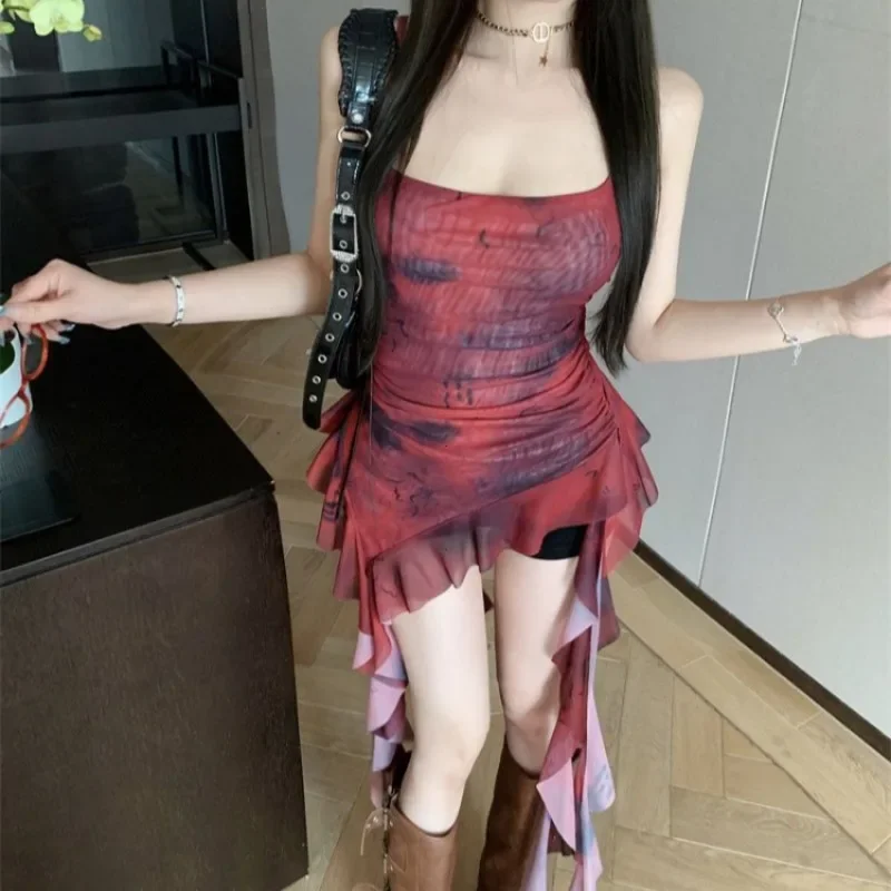 Y2k Edgy Clothes T Shirt Top for Women Gradient Retro Ruffles Sweet Gentle Women Tops Sexy Hot Womens Mini Tassel Sling Dress