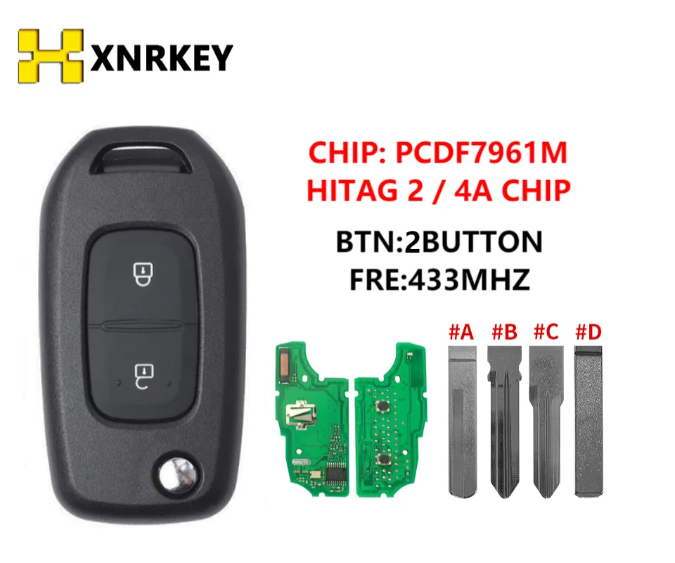 XNRKEY for Renault Dacia Logan 2018 2019 2020 2Button 433MHz PCF7961M 4A Chip Flip Remote Key