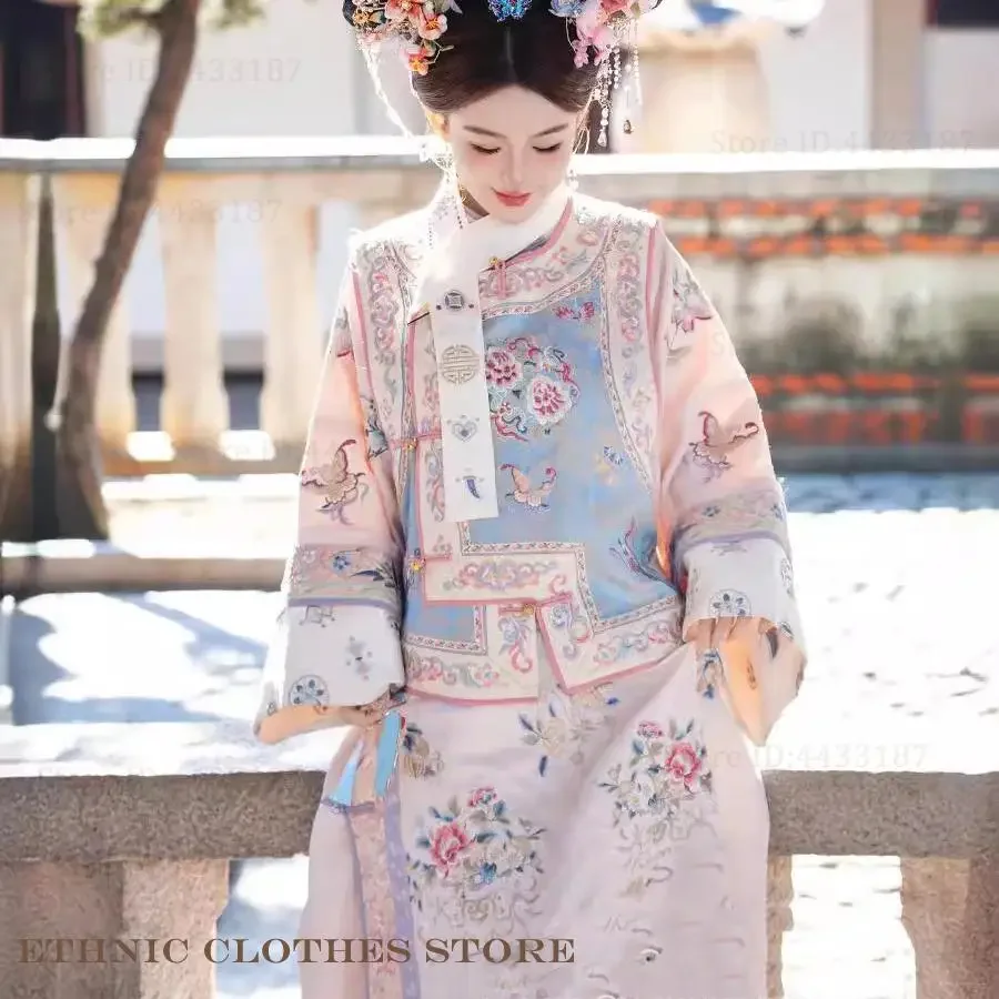 Chinese Hanfu Qipao Qing Dynasty Princess Gege Cheongsam Dress Printed Fower Ancient Clothes Folk Dance Dress Cosplay Costume