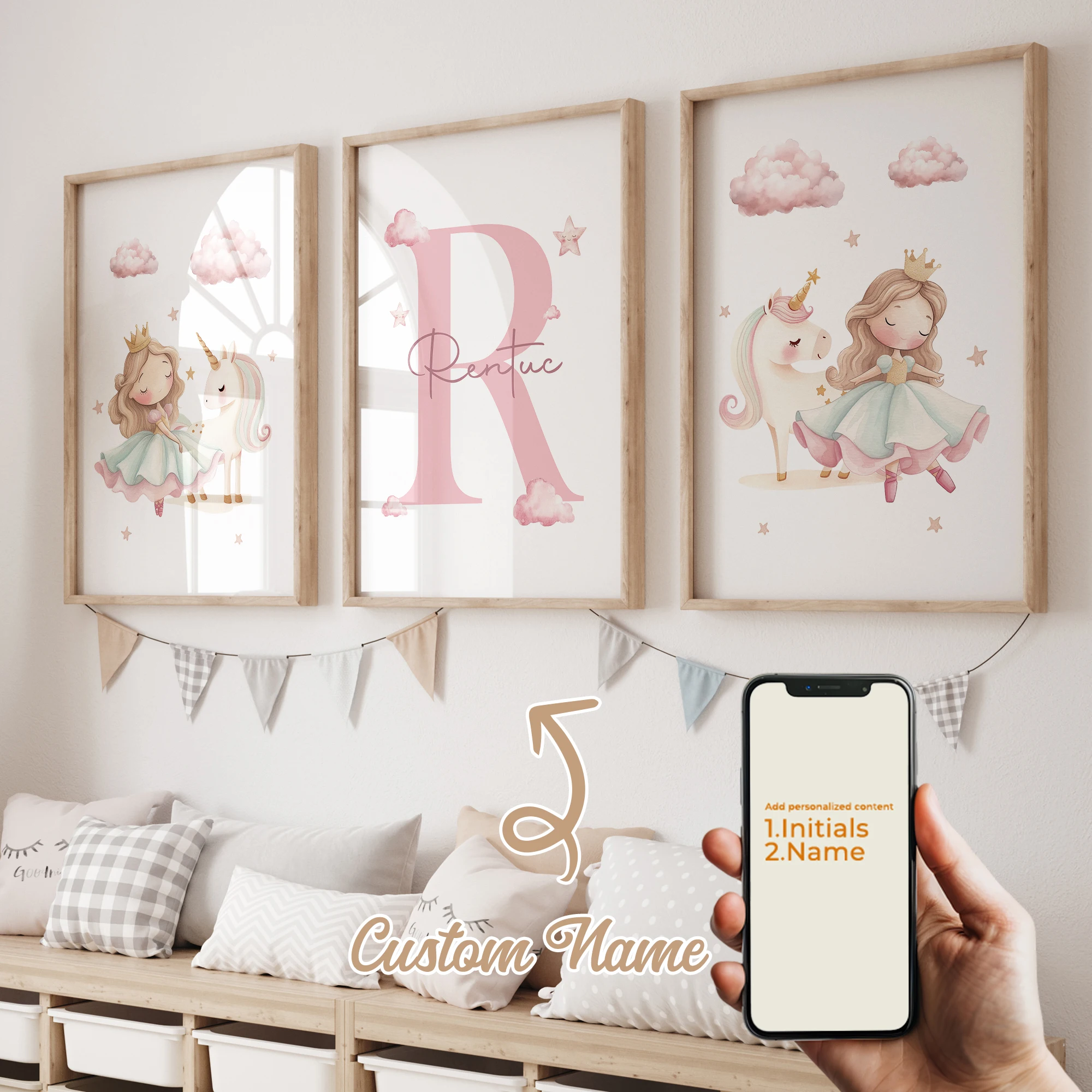 3pcs Personalized Custom Name Cartoon Child Unicorn Wall Art Print Picture Canvas Poster Painting For Living Room Home Decor 2