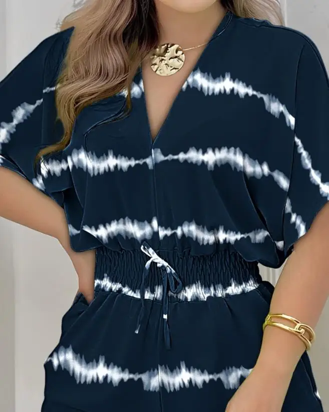 Women's Summer Fashion New V-Neck Beach Hawaiian Casual Summer Dress Tie Dyed Print Bat Sleeve Shirt Elastic Waist Shorts Set