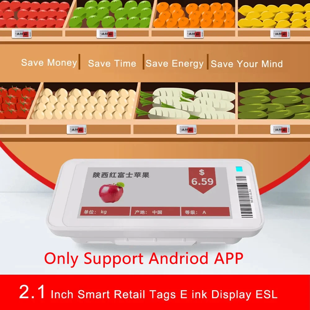 New 2.1" Electronic Price Tag ESL Eink Screen Shelf Label No Messy Writing Low Consumption Bluetooth Connect Andriod Mobile APP