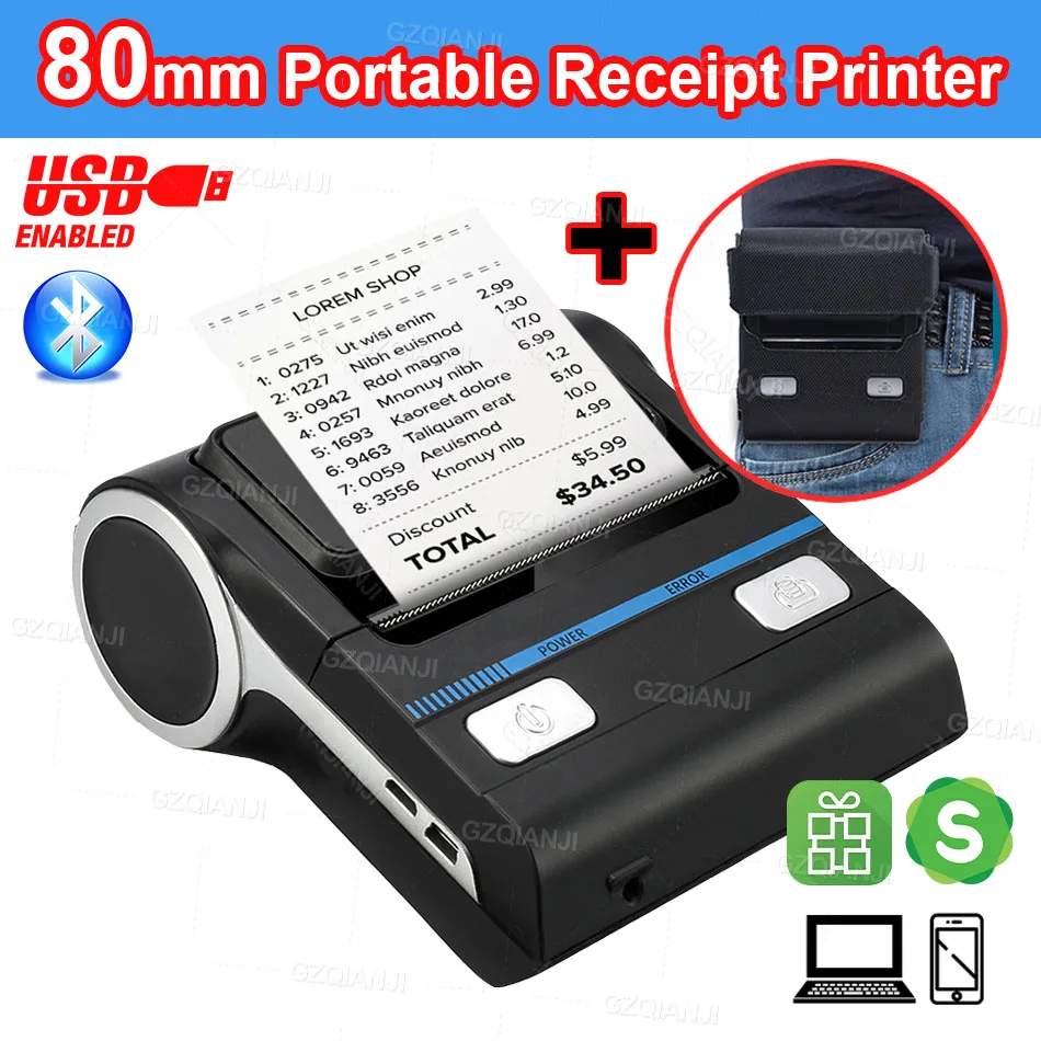 Bluetooth POS Receipt Printer Milestone 3'1/8 80mm Wireless Thermal Printer Esc/pos Print Commands Set for Office and Small Business Compatible