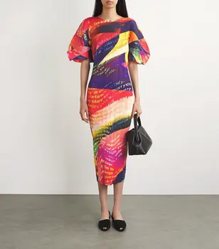 Miyake Pleated Round Neck Short Sleeve All-over Printed Voyager Medium Length Dress 1