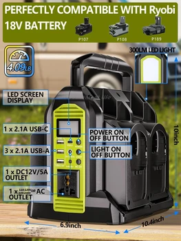 Invertere di potenza 350W per batteria Ryobi 18V 2/4-Ports DC 18V a AC 110-240V Pure Sine Wave Battery Inverter compatibile con batteria Ryobi ONE + con porta USB-A / C Luce LED 300lm per emergenza all'aperto
