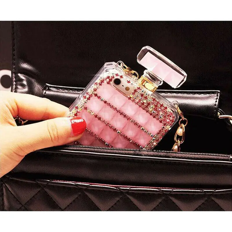 Luxury Shiny Bling Diamond Perfume Bottle Phone Case For iPhone 11 12 13 14 15 Pro Max XS XR 7 8 Plus With Chain DIY Back Cover