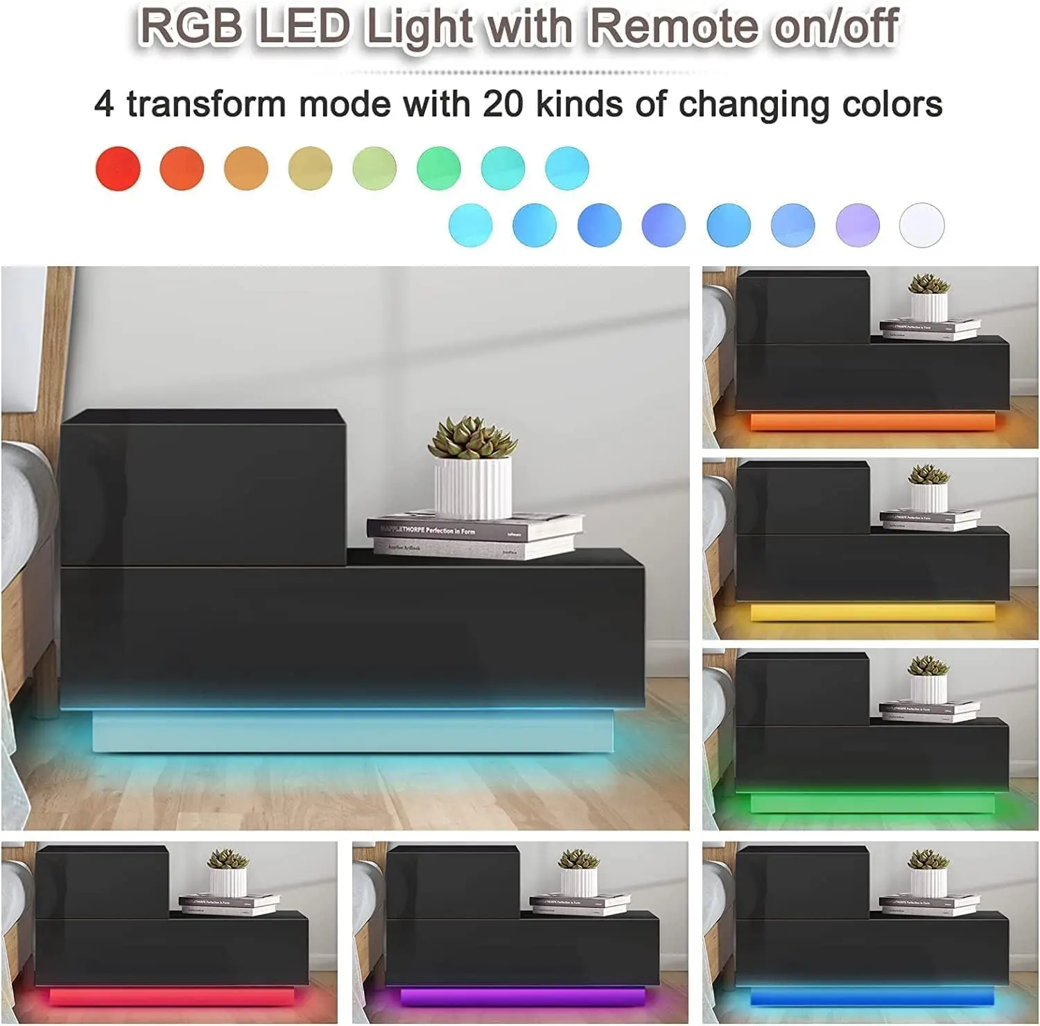 Small LED Nightstand Modern Black Night Table High Gloss Bedside Table with 2 Drawers Night Stand with Light End Side Tab