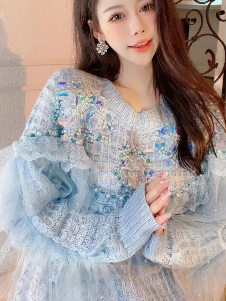 

Ruffled Patchwork Loose Sweater for Women 2023 Autumn Winter New Large Size Heavy Industry Beads Flower Knitted Top Pull Femme