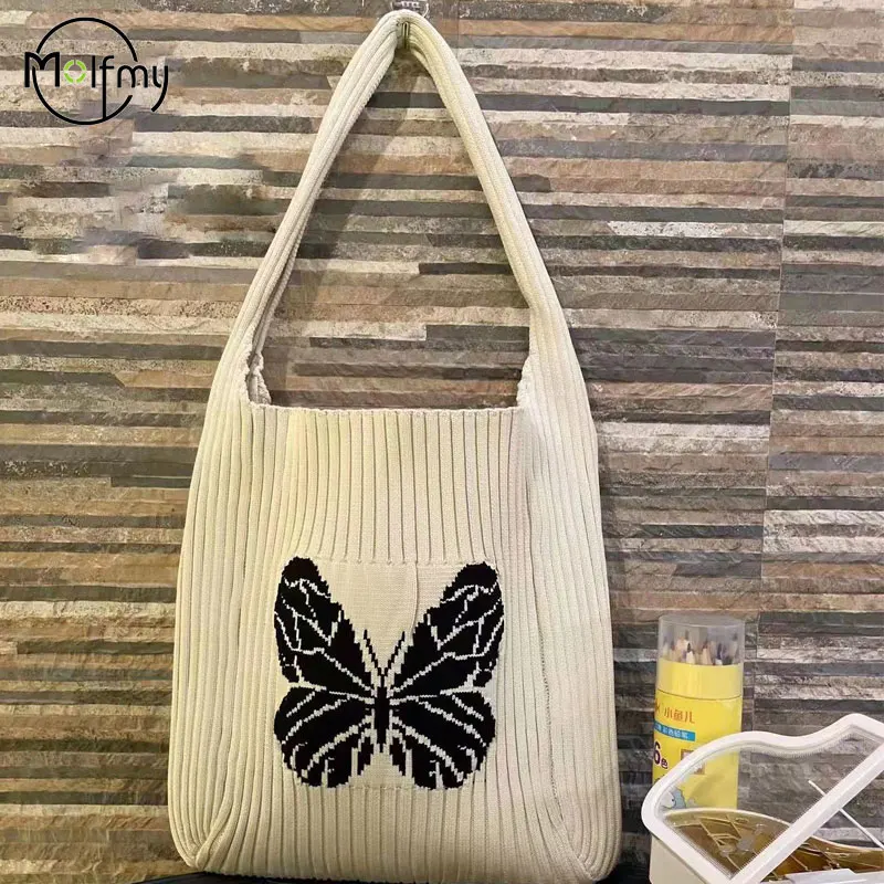 

Single Shoulder Bag Knitted Wool Contrasting Colors Butterfly Knitted Niche Lager Capacity Fresh Tote Bag Women's Bag Handbag