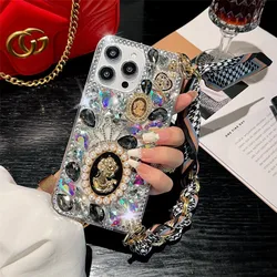 Ribbon Cord Diamond Phone Case with Wrist Lanyard and Stylish Cover Design - S23 (Black)