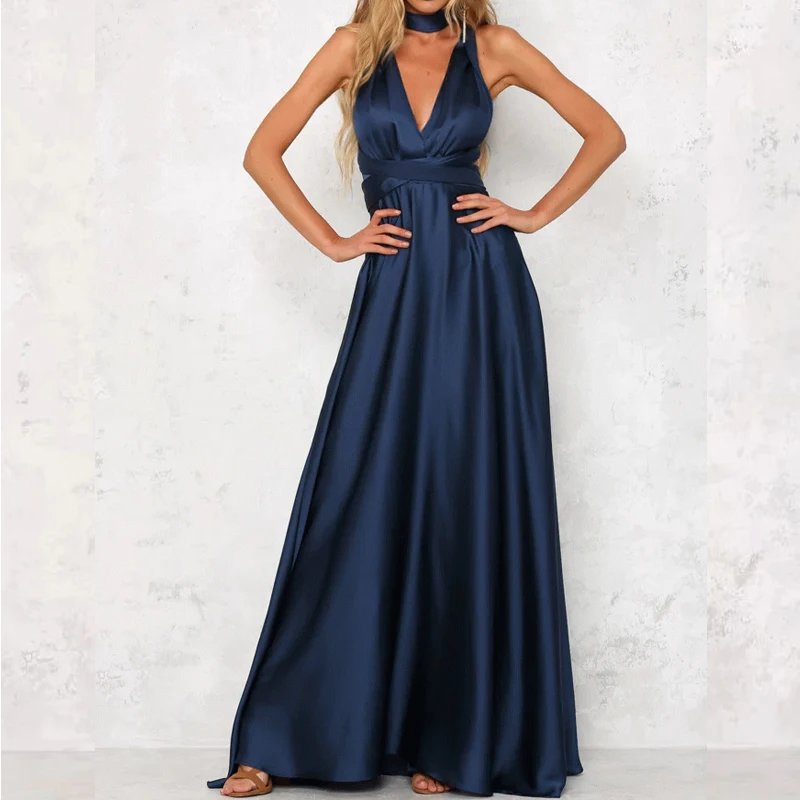 

Sleeveless Backless Sexy Evening Dress Fashion High Waist Satin V-neck Woman Dress Elegant Party Wedding Formal Dresses 26531
