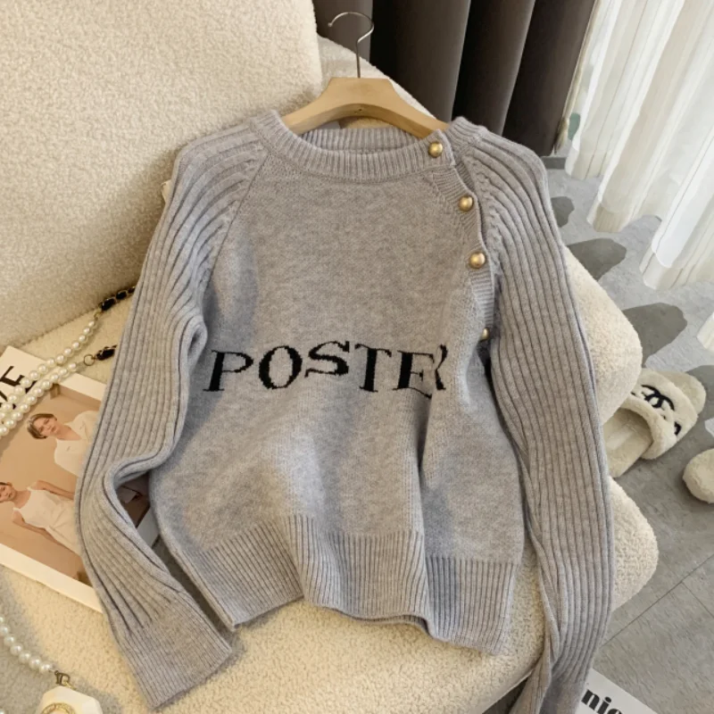 

Women Pink Clothing Vintage Knitting Unique Buttons Sweater Long Sleeve Cotton Casual Fashion Letter Female Grey Winter NEW Tops