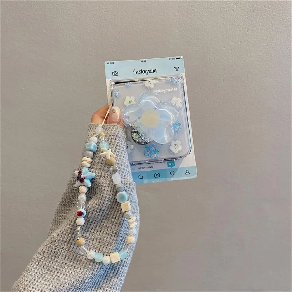 Charming Blue Floral Quicksand Chain Phone Case with Stand