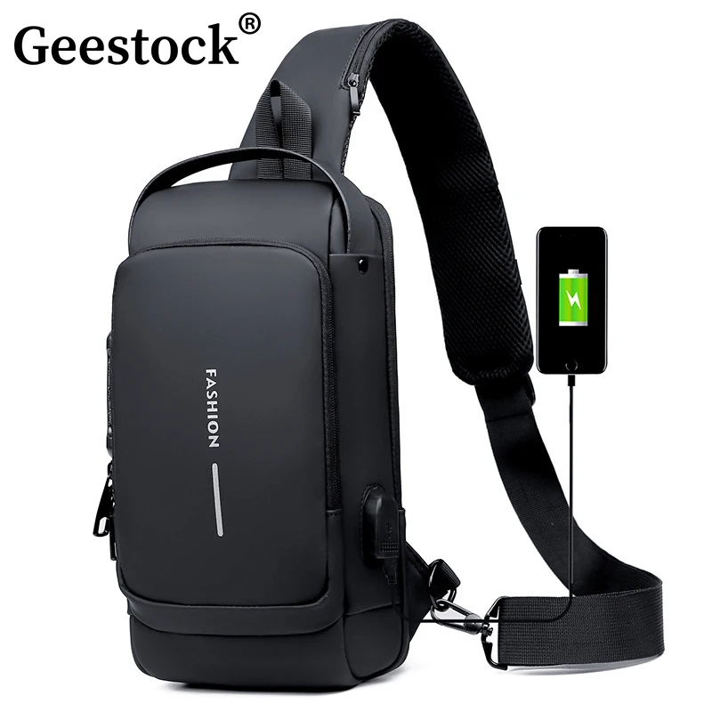 Geestock-saco crossbody anti-roubo para homens, viagem, mensageiro, peito Sling Pack, USB