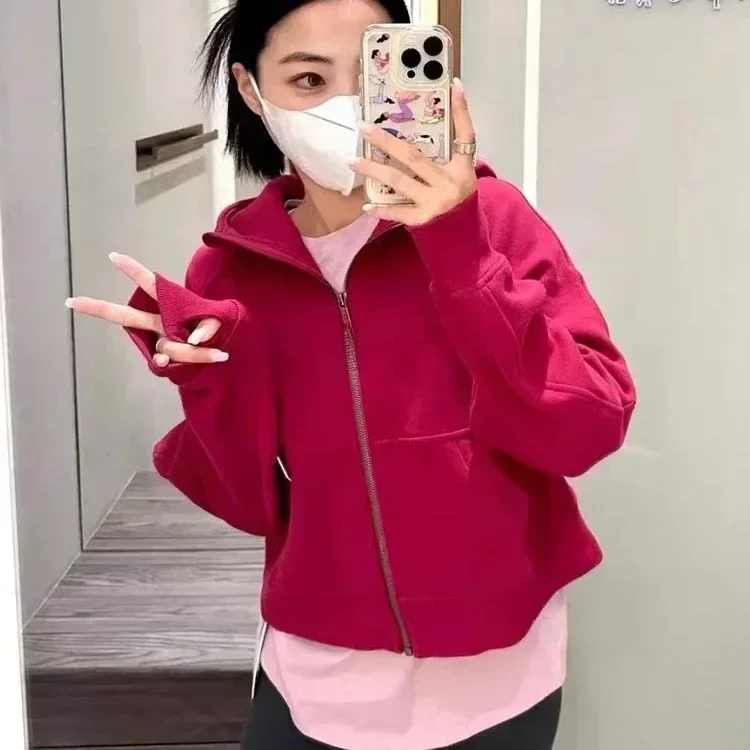여성용 레몬 스쿠바 요가 풀 지퍼 후드 스웨터, 솔리드 스포츠 풀오버, 따뜻한 봉제 야외 루즈 쉬운 재킷, 가을 겨울