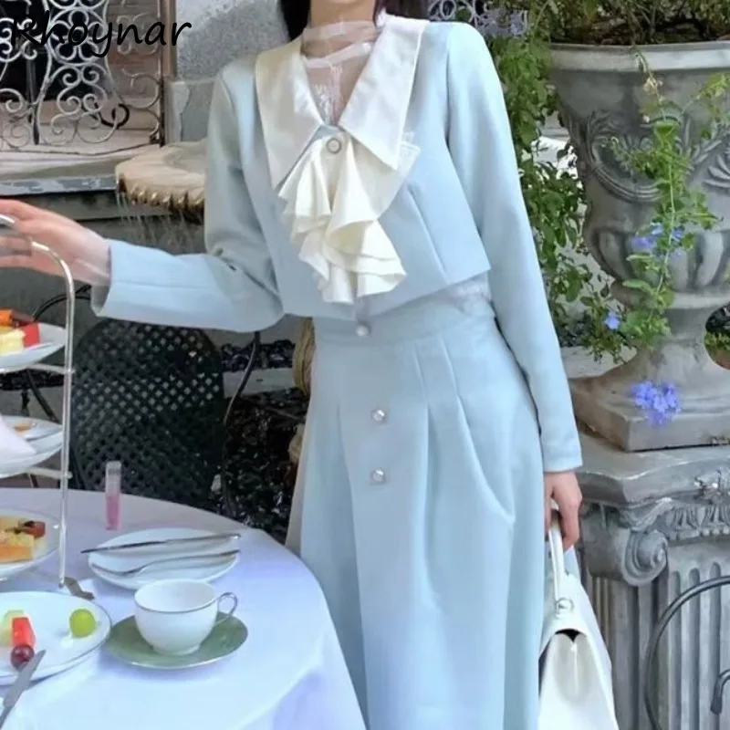 

Женский осенний костюм с длинным рукавом и отложным воротником, плиссированная модная Эстетическая одежда на пуговицах, изящный нежный повседневный костюм в Корейском стиле