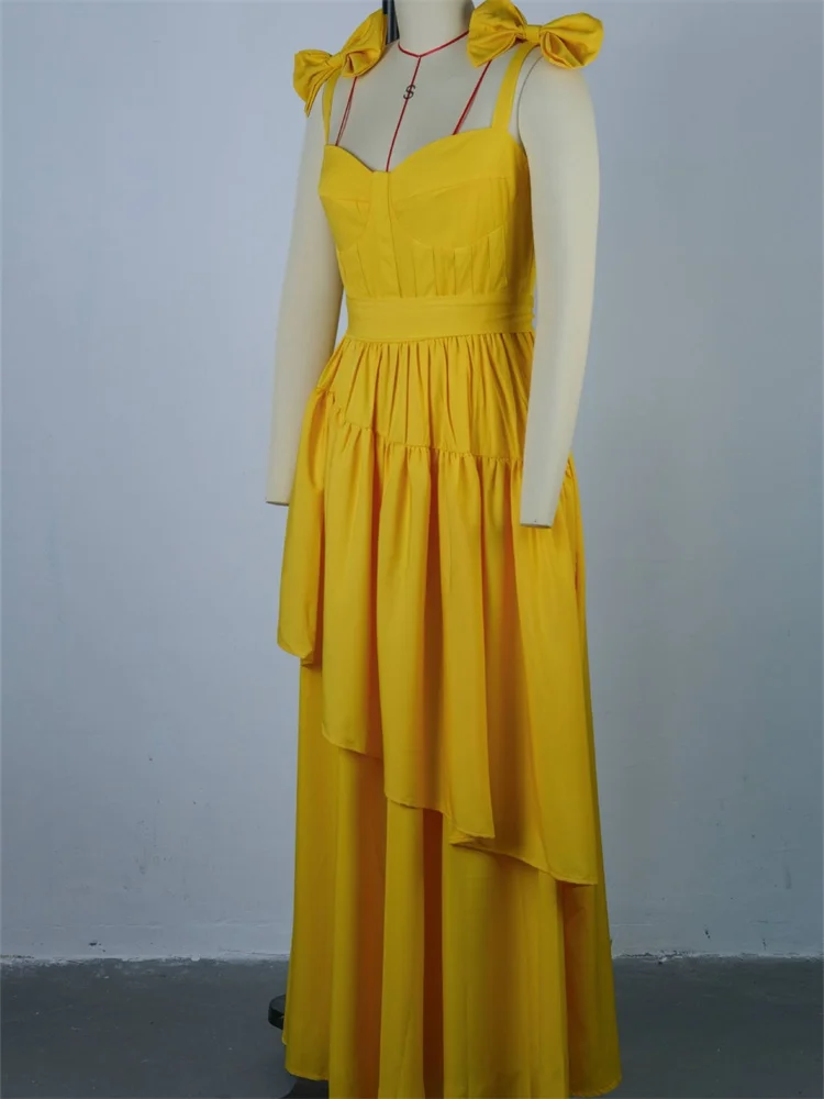 Wmstar Long Dresses Women Bow Halter V Neck Ruffled Swing Yellow Elegant Party Evening Dressnew in Summer Wholesale Dropshipping