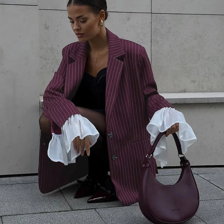 Lace Striped Suit Outwear For Women Patchwork Long Sleeve Lapel Fashion Commute Pocket Coat Ruffled Female Loose Blazer