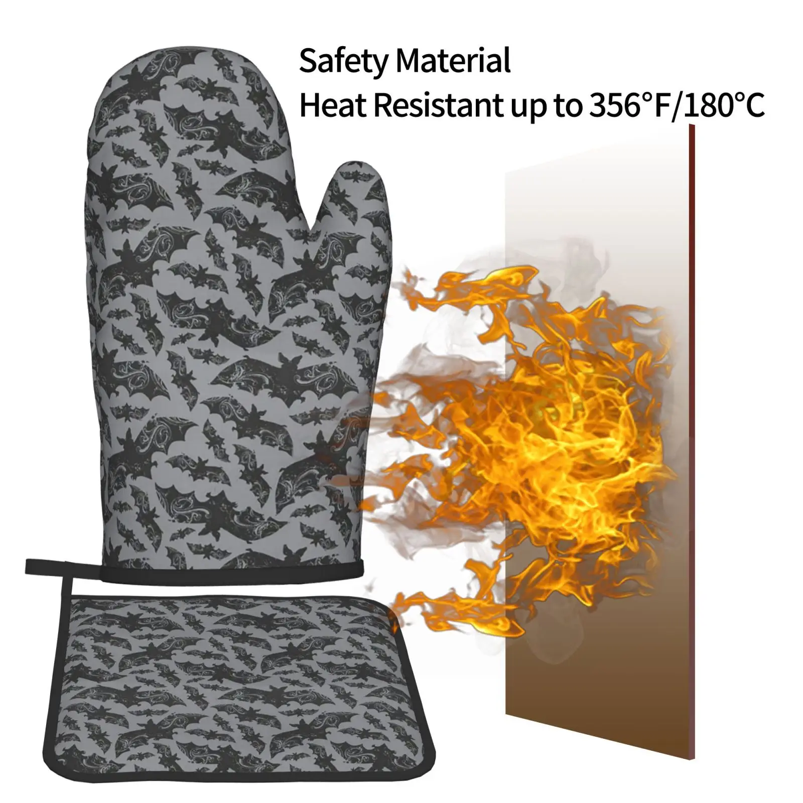 Halloween Bats Oven Mitts and Pot Holders Heat Resistant Non Slip Oven Gloves for Safe Cooking Baking Grilling