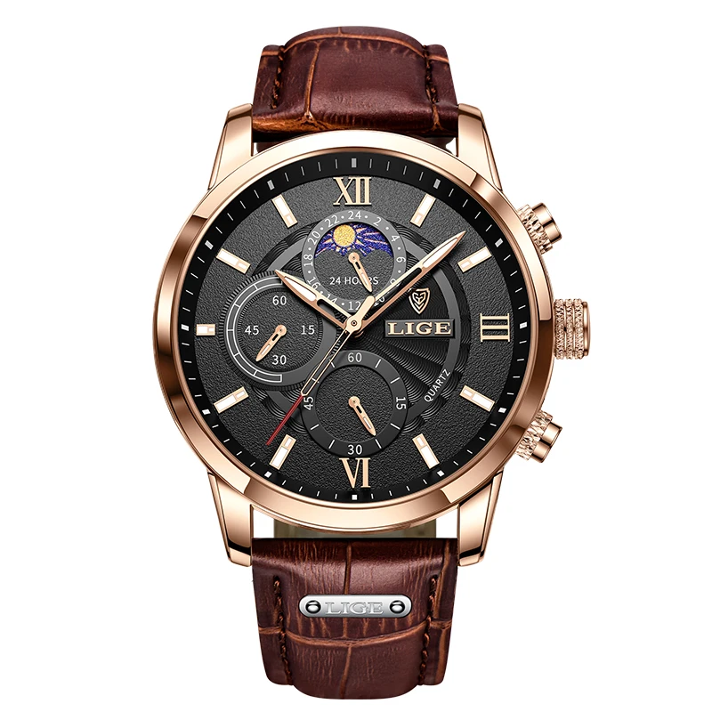 LIGE Luxury Men's Waterproof Luminous Leather Quartz Wristwatch