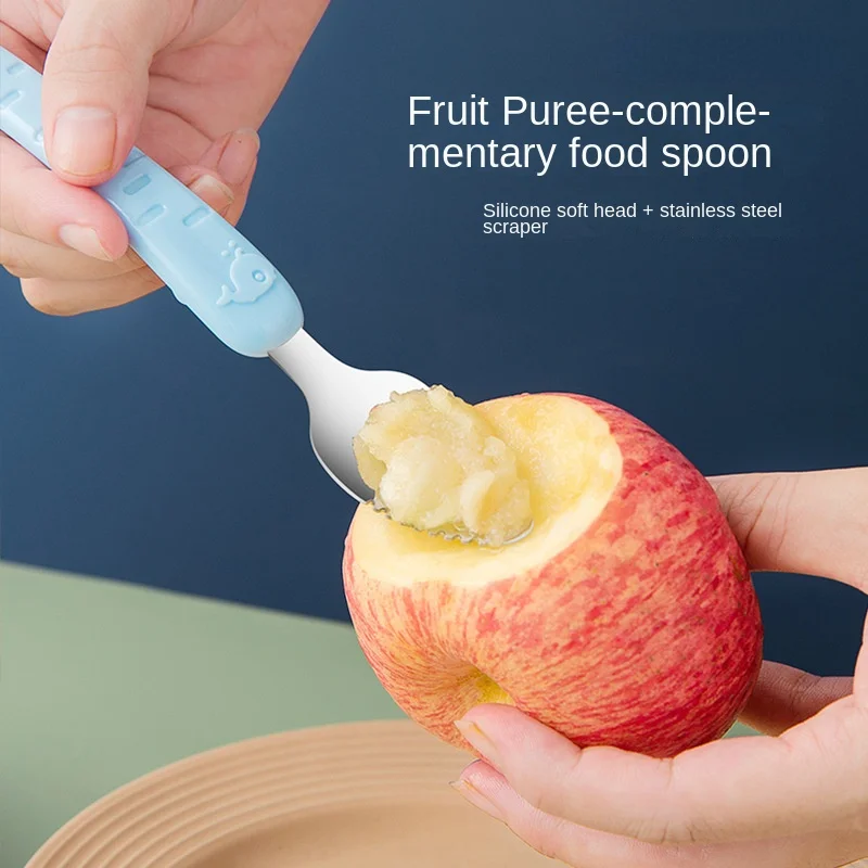 Baby Food Feeding Spoon Stainless Steel Scraping Silicone Soft Spoon Infant Tableware Utensil With Box Children Toddler Cutlery