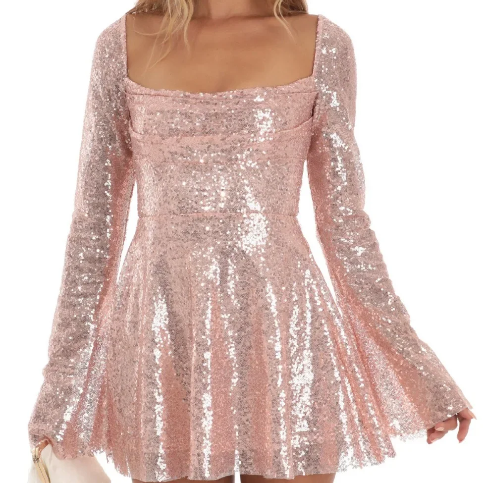 

Slash Neck Silver Sequined Backless Sexy Dress Women Long Sleeves Mini Dress Short Christmas Party Club Solid Dresses Vestidos
