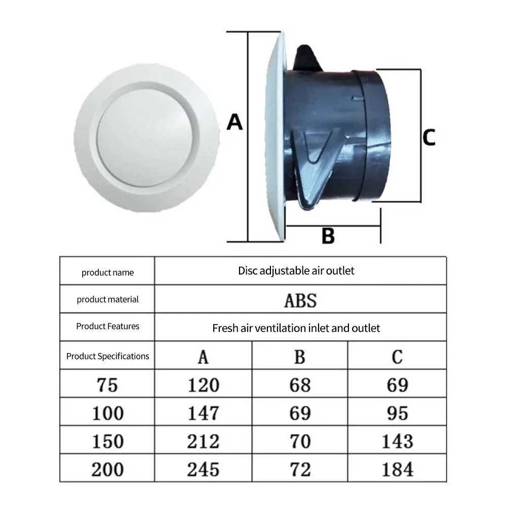 ABS 에어컨 환풍 디퓨저, 조절 가능한 루버 원형 공기 배출구, 벤트 커버, 75mm, 100mm, 150mm, 200mm