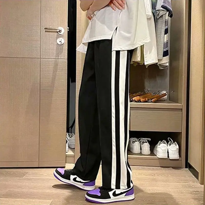 Fashion Preppy Style Loose Student Striped Sports Casual Straight Pants Men Elastic Waist Drawstring Pocket Wide Leg Trousers