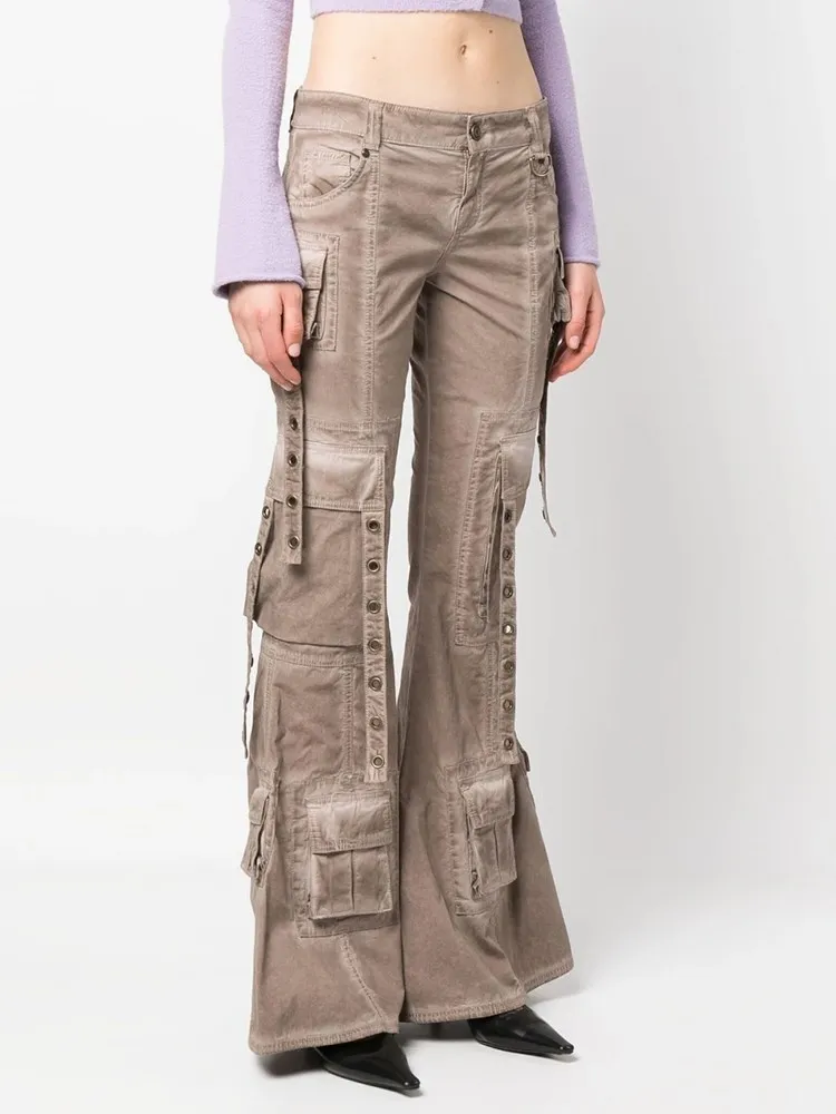 BPN Streetwear Patchwork Pockets Denim Pants For Women High Waist Solid Slimming Chic Flare Jeans Female Fashion Clothing Style