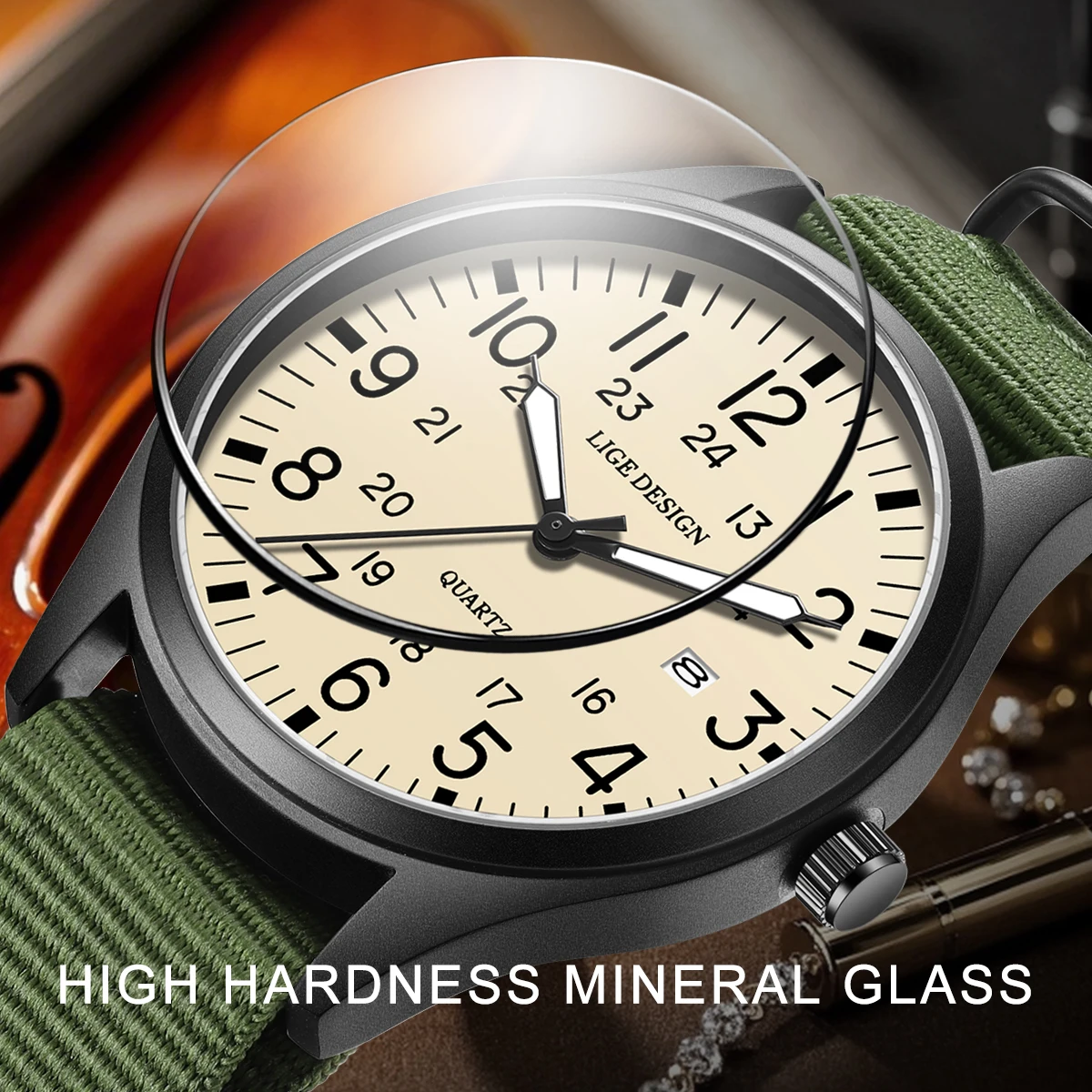 LIGE Fashion Green Nylon Strap Watch Men Casual Sports Waterproof Men's Quartz Wristwatches Luxury Date Chronograph Montre Homme