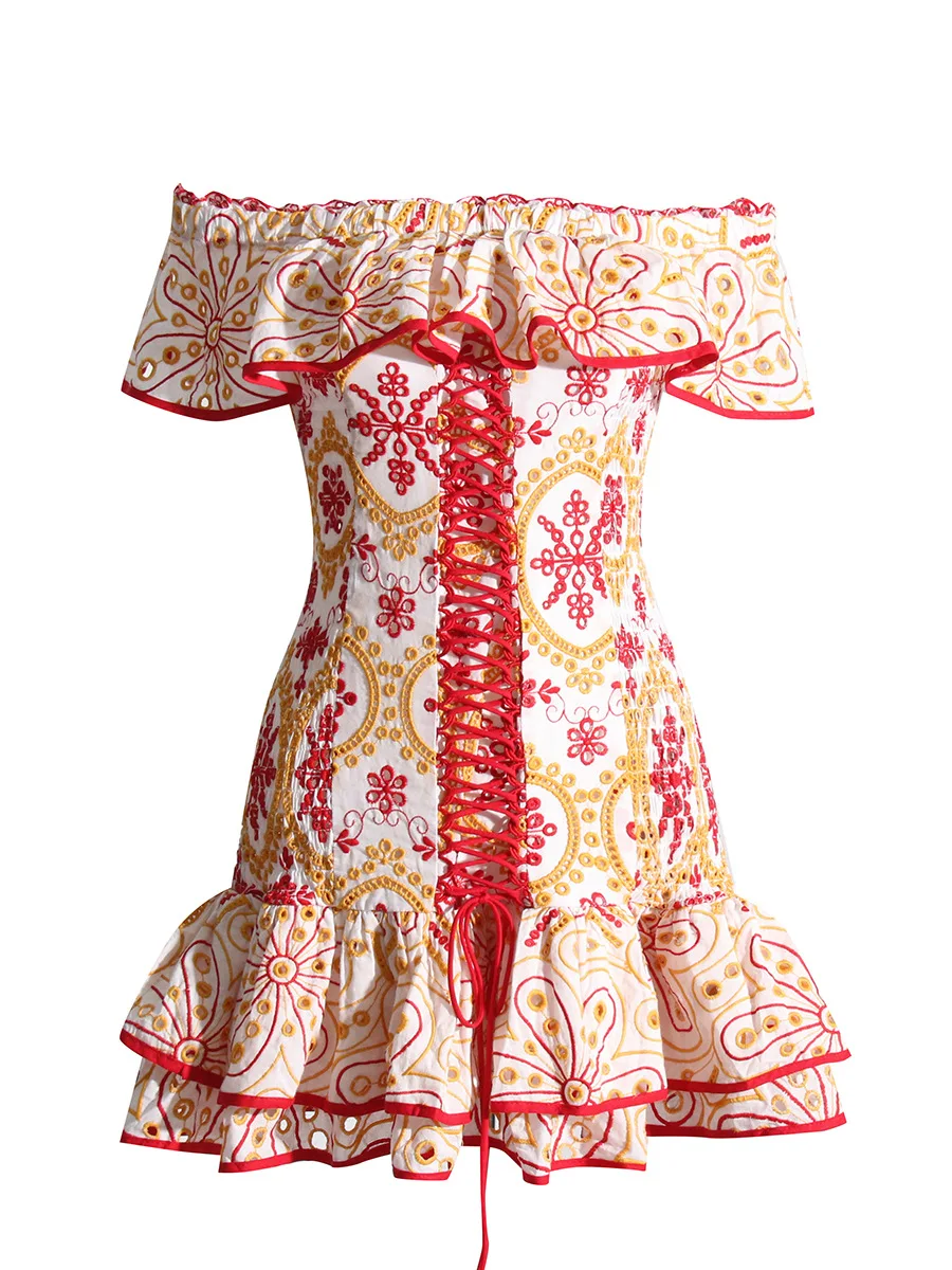 

Women Dress Off Shoulder Falbala Hollow-Out Waist Slimming Mini Dress