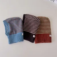 Winter Korean Fashion Children Baby Knit Hooded Scarf Caps Warm Stripe One Piece Hat Kids Accessories 5
