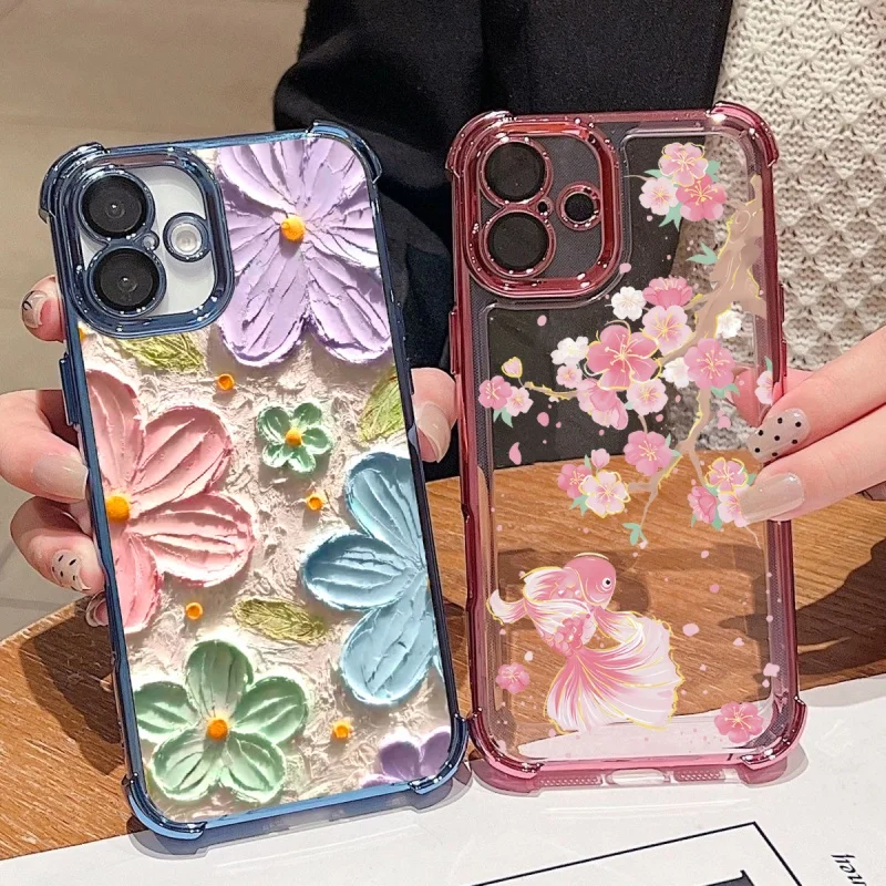 Plating Armor Oil Painting Flower Shockproof Clear Phone Case