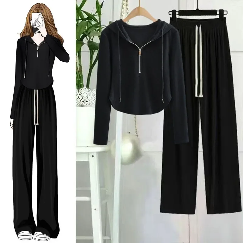 

Two Piece Set For Women Solid T Shirt + Wide Leg Pant Sets Long Sleeve New Outfit Korean Tracksuit 2023 Autumn Zip Hooded Suit