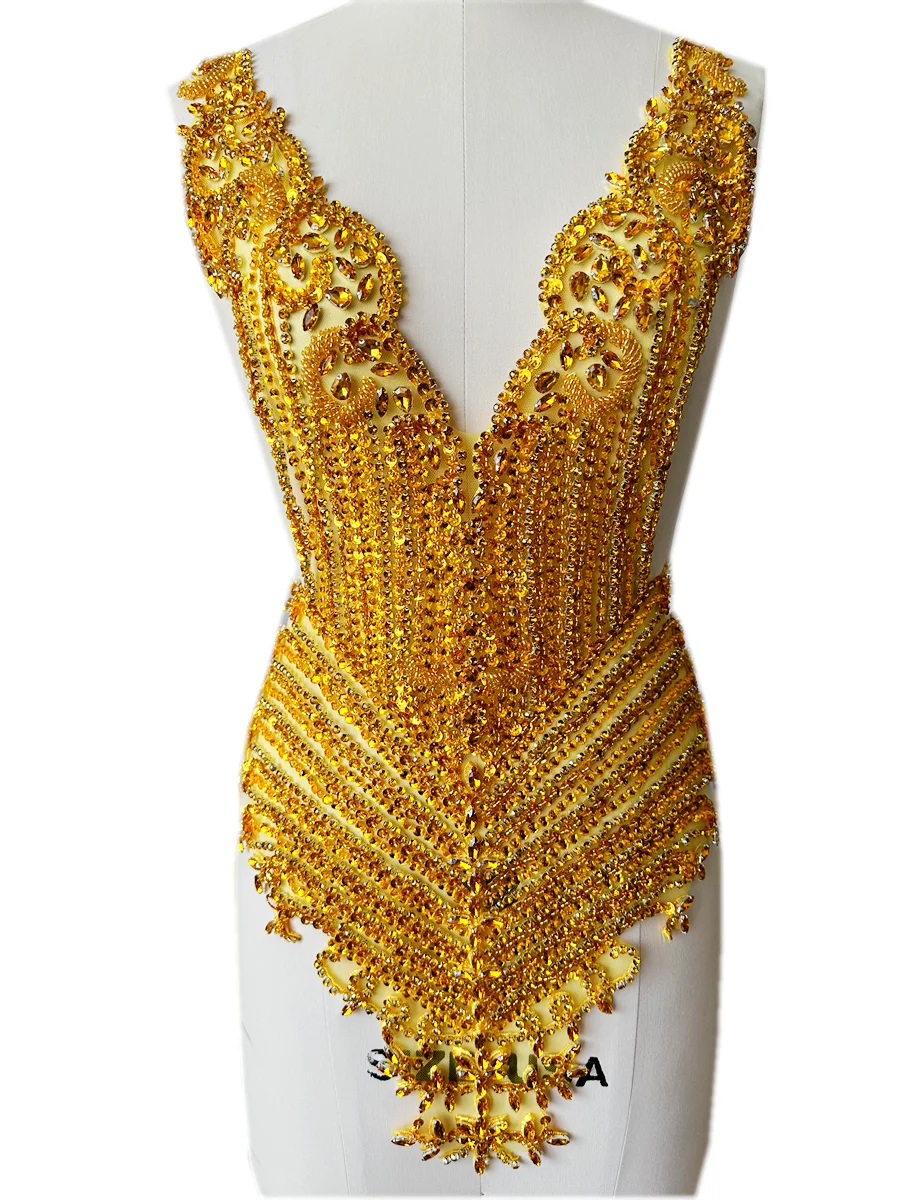 Handmade gold/blue/green/ren/white rhinestones on lace bodice applique  sewing beads stones trim patches accessory for dress - AliExpress 15