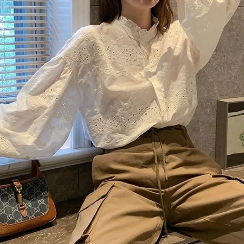 2023 Summer New Solid Color Printed Loose Long Sleeve Round Neck Spliced Button Casual Fashion Versatile Trendy Women's Shirt