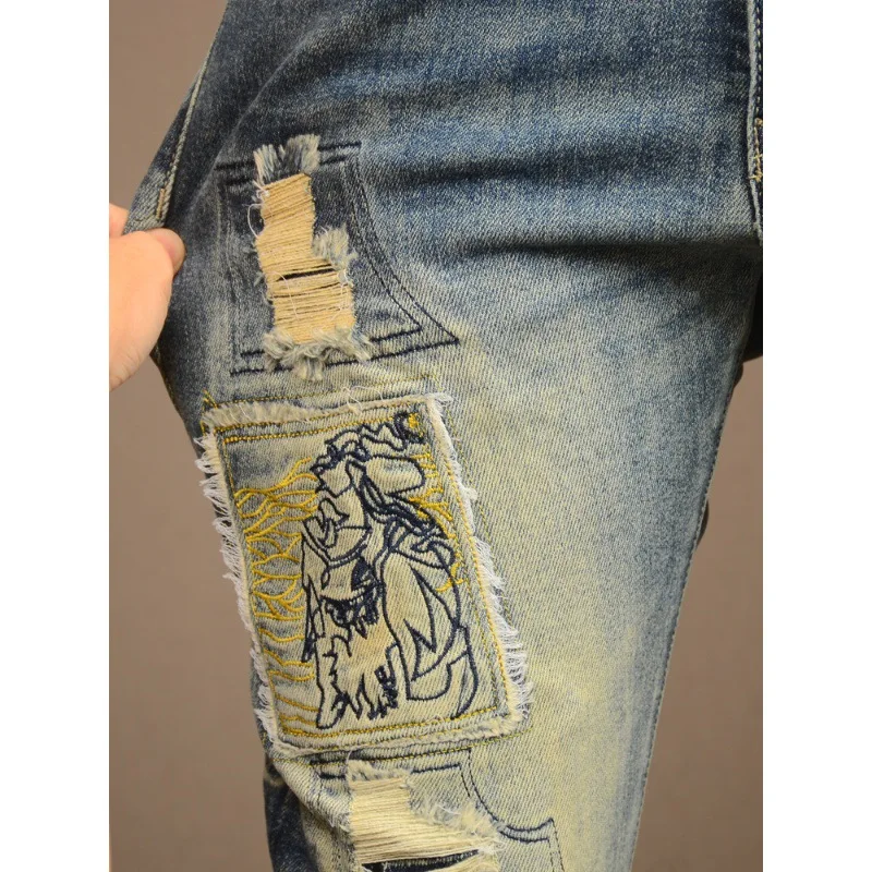 Vintage Vintage Ripped Men'S Jeans Hipster Stretch Straight Fit High-End Embroidered Scratch Patch Casual Denim Pants