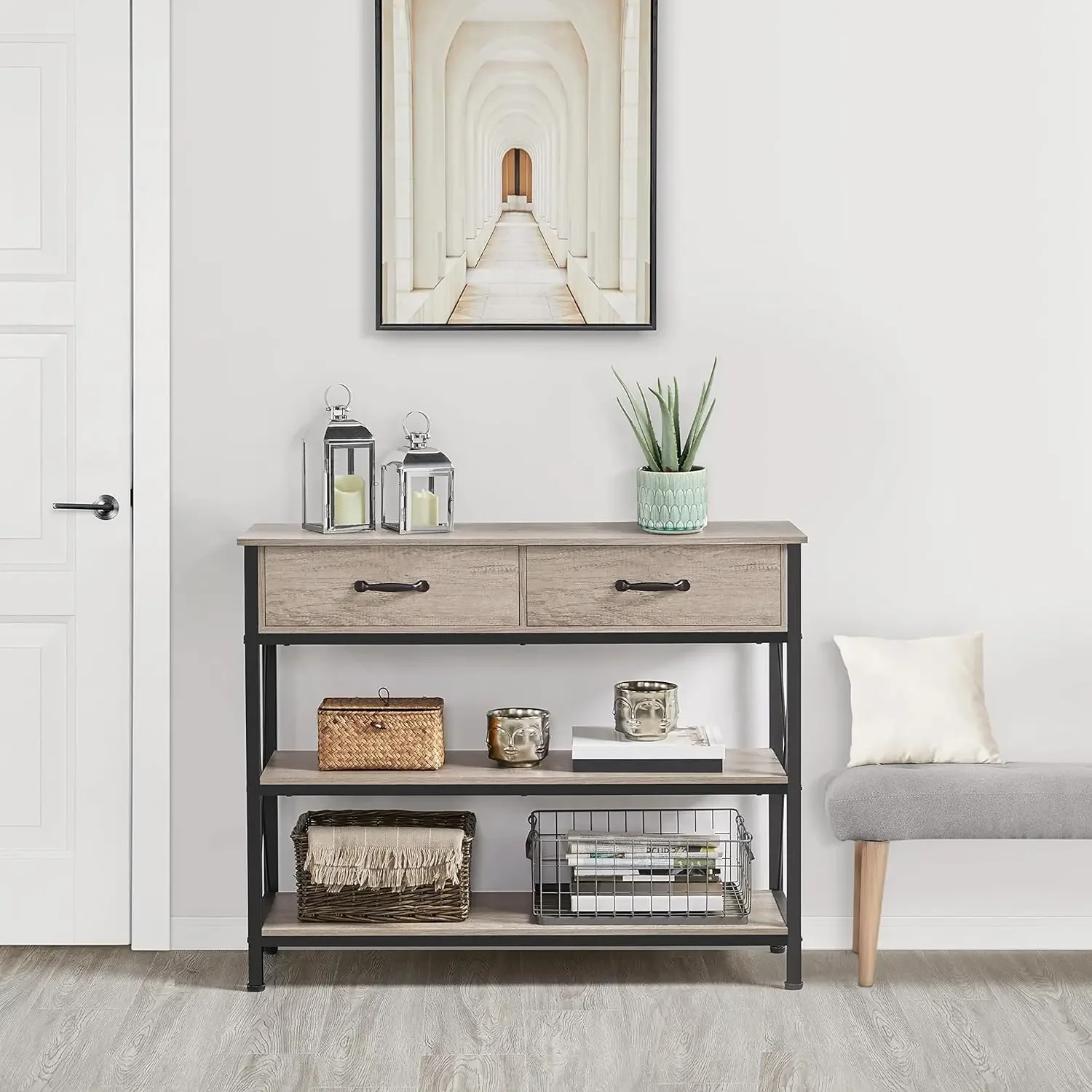 

Console Table with 2 Drawers,3-Tier Entryway Table with Storage Shelves,Narrow Long Sofa Couch Table for Living Room,Metal Frame