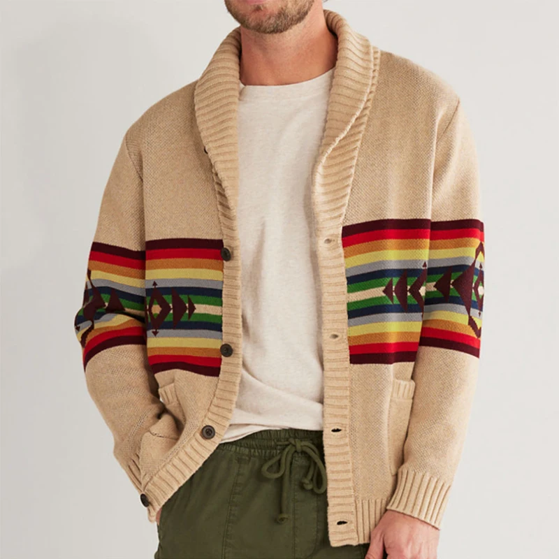 

Classic Men's Sweater Cardigan Fashion Colorful Striped Jacquard Knitted Jacket Men Clothing Autumn Winter Vintage Knit Sweaters