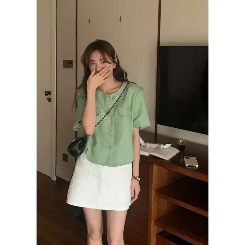 

Elegant Split Coat Women's 2023 Summer Korean Loose Short Coat Shoulder Pad Short Sleeve Top 132Az6614