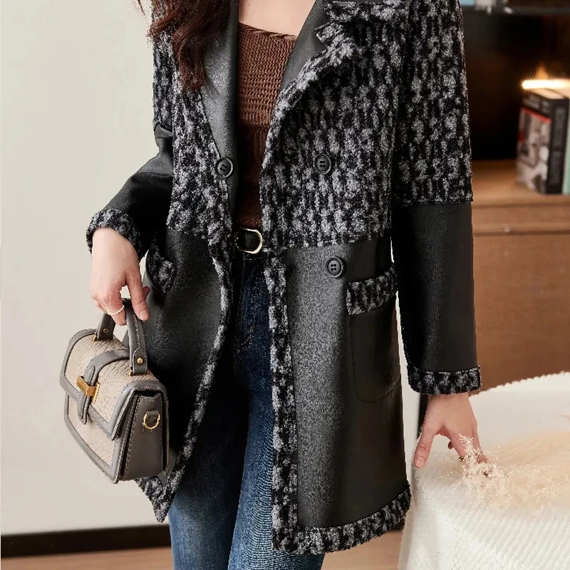 

High-End Imitation Sheepskin Leather Coat Spring Autumn Winter Splicing Fashion Double Sided Wearing Windbreaker Outerwear