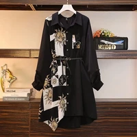 Vintage Print A-Line With Belt Loose Polo Neck Women's Dress Elegant Single-Breasted Knee Length Dresses For Women 2024 Spring - Image 2