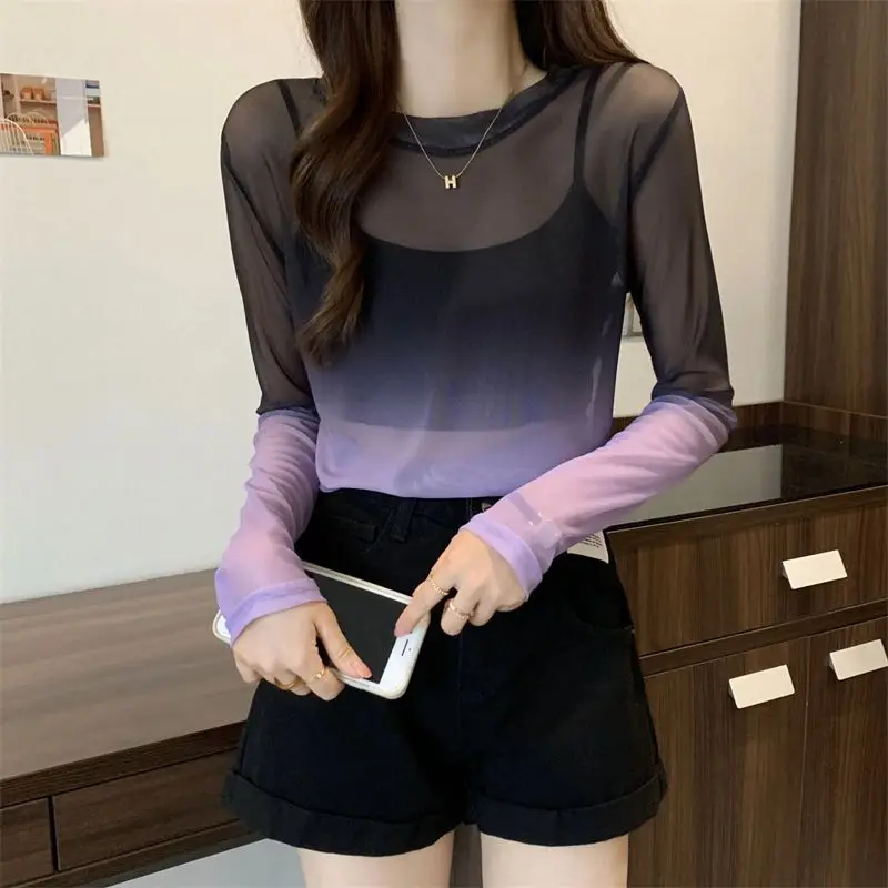 

Mesh Gradual Color Loose Top Women Wear Sunscreen Long Sleeve T-shirt P3 857