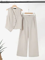 ZANZEA Elegant Summer Sleeveless Tops Wide Leg Trousers 2 Piece Sets Solid Office Lady Outfits Women OL Work Pants Sets 2PCS - Image 5