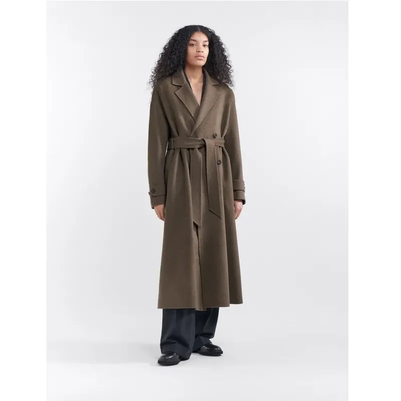 

THER0W 2023 Autumn/Winter Swedish Niche Double Row Cow Horn Buckle Retro Versatile Strapping Wool Long Coat for Women