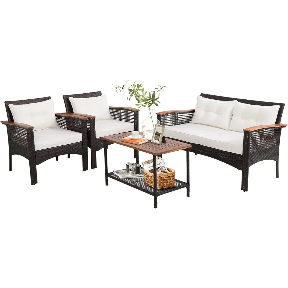 4-Piece Patio Furniture Set, Patiojoy Acacia Wood Outdoor PE Wicker Conversation Set with Cushions,PE Rattan Sectional Sofa Set 2