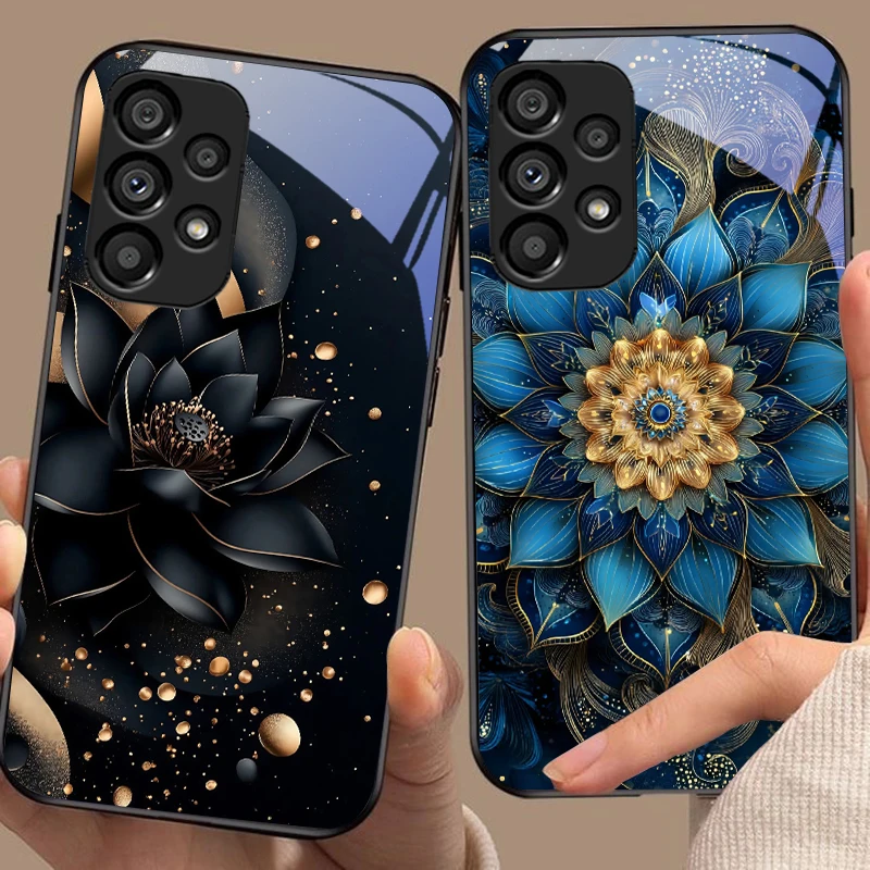 Elegant Black Gold Lotus Totem Glass Phone Case